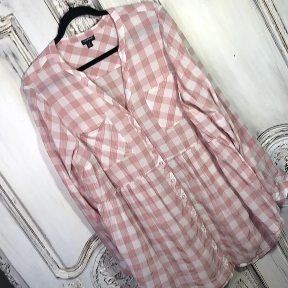 TORRID Dusty Pink and White Plaid Long Sleeve Babydoll Button Down Top Size 2 - Picture 2 of 10